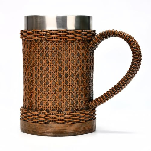 Drawelry Retro Bierkrüge mit Edelstahl Liner Bambus Rattan Handgewebt Griff Bierkrug Trinkbecher 600ml Bier Becher Kaffeetasse Bierseidel Vatertag Geburtstag Geschenke für Papa Opa Freund (B)