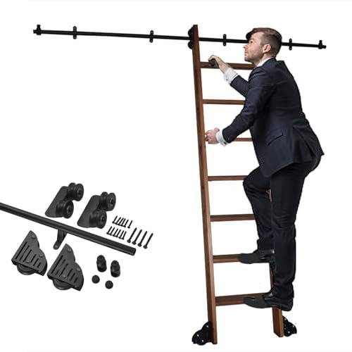 ENHEN Échelle de Bibliothèque Roulante Robuste, Kit de Rails Coulissants Mobiles pour Escalier de Loft Residenceia, Rails Coulissants Stables Noirs (sans Échelle)(200 cm)