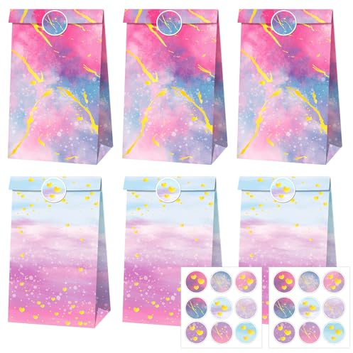 GETRICH 14 Stück Regenbogen Geschenktüten Kindergeburtstag mit 18 Aufkleber | Bunte Papiertüten Kindergeburtstag Tüten mitgebsel Tie-Dye Geschenktüten Mitgebsel Tüten für Hochzeit Weihnachten Geschenken