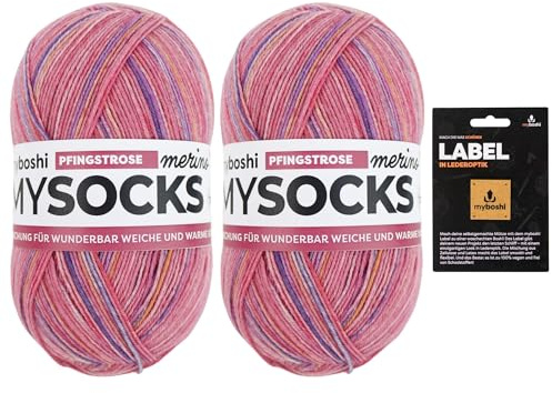 myboshi mysocks Merino, extra weiche 4-fädige Merino-Sockenwolle, filzfrei, strapazierfähig, 100g, 420m, inkl. Label, 75% Schurwolle, 25% Polyamid, Rosa (Pfingstrose) 2 Knäuel