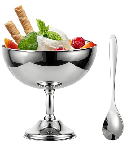 Tissting glasskål, 230 ml rostfritt stål efterrättsskål återanvändbar silverfotad Sundae-kopp med sked eller gaffel, milkshake-kopp för efterrätt, fryst yoghurt, gelato, dekorationer för