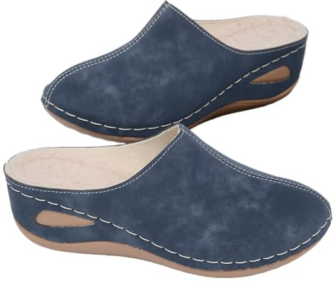 HESYSUAN Zuecos con forro de piel para mujer, con plataforma de cuña cómoda, cálidas, para invierno, acogedoras, de ajuste ancho, de gamuza sin espalda, Blue, 35 EU