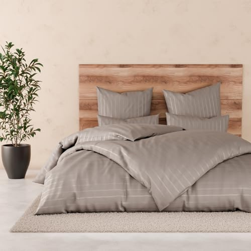 Pure Label Satin Bettwäsche 135x200 80x80 gestreift Taupe | 100% Baumwolle & Oeko-TEX Zertifiziert - Elegante und angenehm
