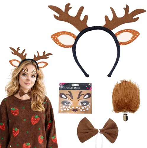 Tbintul 4Pcs Cerchietto Renna Carnevale,Costume Renna Donna,Cerchietto con Corna,Costume Animale Donna Adulta per Carnevale Halloween Natale Festa