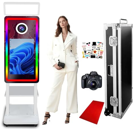 Magic Mirror Tragbare Fotobox mit 21,5 Zoll Touchscreen, Einstellbarer Beleuchtung, Foto Spiegel Kabine für Partys, Weihnachten, Hochzeiten (White, Photo Booth with Camera)