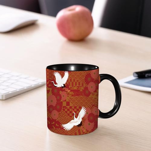 EMCLKS Tazze colazione,Durevole,Tazze Caffe e The 330ml,Idee Regalo Regali Natale,Mug per Lavastoviglie e Microonde,Due gru e crisantemi, motivo a onde tradizionale giapponese
