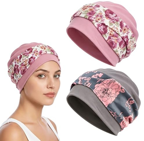 ZUIMEIHQH 2PCS Chemo Headwear for Women UK, Bohemian Floral Print Cross Turban Hat Stretchy Soft Headwrap Beanie Cap for Chemo Hair Loss