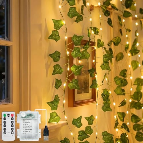 MUCHER 10M 100 LED Ivy Fairy Lights with Remote Fake Vines with Fairy Lights Battery/USB Operated 2in1 Artificial Ivy Garland for Home Kitchen Garden Office Wedding Wall Decor (10M)