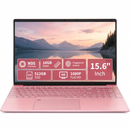 AEEVD 15.6 portable laptop,Celeron N95, 2K,1920 * 1080IPS,Flips 180° degreesFingerprint Scanner, and Colorful backlit keyboard, portable pink Laptops for Study &Gaming(Rose Gold，16GB DDR4+512G SSD)