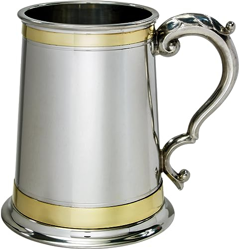 Zinn Krug 1 Pint Doppeltes Messingband mit Antiker Griff Rein Schwer Messgerät Bier Krug Möglich für Gravur Personalisierte Geschenke für Männer und Frauen