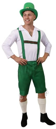 Vuxna leschaundräkt dräkt – grön lederHOSen byxor + vit tröja + grön topp hatt med guldlås – ST Patriks Day IRISK FANCY Klänning (liten)