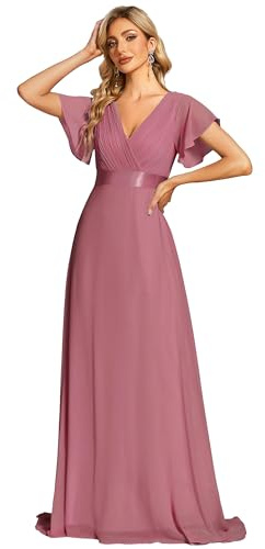 Ever-Pretty A-línea Vestido de Fiesta Cuello en V Manga Corta Gasa Corte Imperio para Mujer 09890
