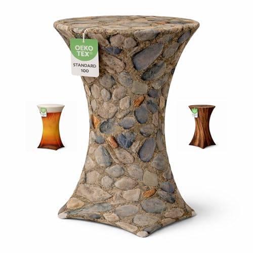 Stehtischhusse für Bistrotisch Motiv mit 4 verstärkten Fußlaschen elastisch Stretch OEKO-TEX zertifiziert Ø 60-65x110-120 cm Stein