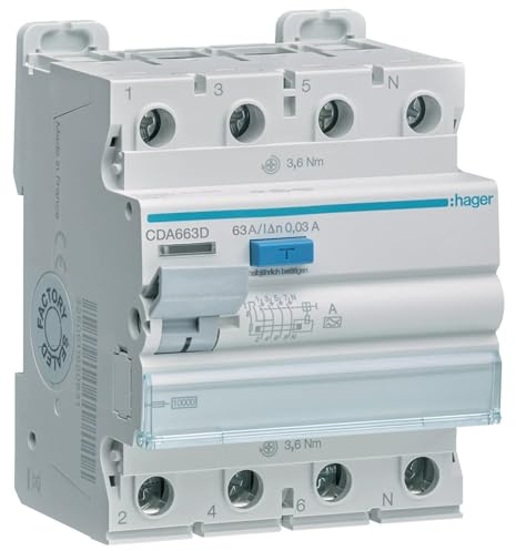 Disjoncteur différentiel 4p 10kA 63A 30mA A CDA663D 3250611620655 Hager