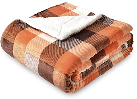 SOCHOW Plaid Couverture Polaire 150 x 200 cm Orange, Plaid pour Canapé, Couverture Sherpa Double Face Super Douce à Carreaux Literie Luxueuse