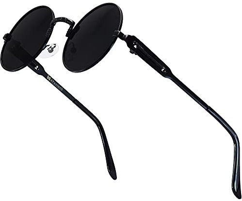 XFentech Retro Round Sunglasses - Polarized Steampunk Style Sunglasses Vintage Eyewear UV400 Protection Metal Frame, B2 Black Frame - Black Lenses