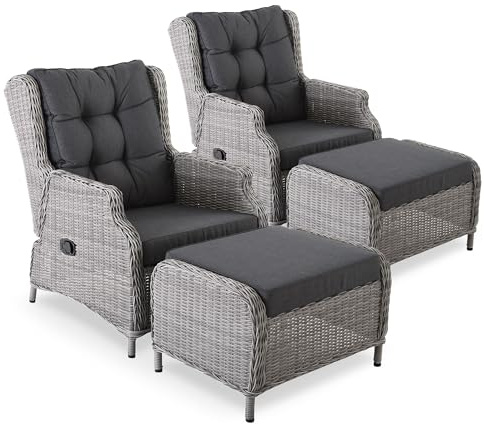 Raburg Gartenstuhl 2er-Set mit Relaxfunktion, Gartensessel-Set mit Hocker, inkl. bequemen Polstern, 130 kg Belastbarkeit, pflegeleichtes & wetterfestes Polyrattan - Sophia | Hellgrau/Dunkelgrau