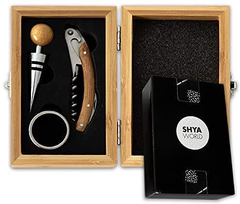 ShyaWorld Set de Vinos Accesorios para regalar. Estuche de Regalo elegante con acabado de Material Natural Eco. (Set Madera Bambú)