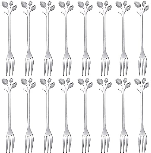 Comicfs 16 Pcs Stainless Steel Silver Leaf Creative Appetizer Cake Fruit Forks Set 4.7 Inches Tasting Dessert Forks Kitchen Accessory Wedding Party (16 Forks, Silver)