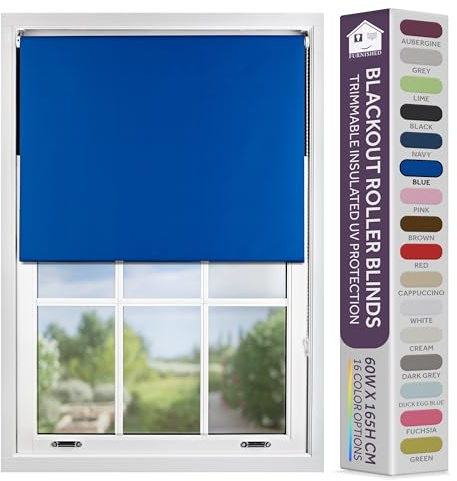 FURNISHED Blackout Roller Blind with Metal Fittings Trimmable Insulated Thermal Fabric Heavy-duty Easy Install Brackets Window Roller Blinds - Blue, 85W x 165H cm