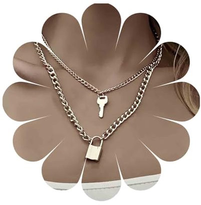 Yheakne Punk Lock Keyring Necklace Gold Padlock Choker Necklace Layered Love Lock Necklace Vintage Curb Chain Necklace Jewellery for Women and Girls Couples (Gold)