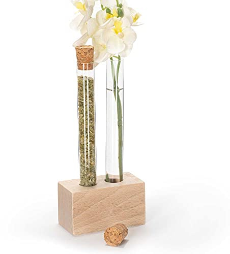 Tuuters Reagenzglasständer Holz mit 2 Reagenzgläser für Blumen, Gewürze | Reagenzglas mit Korken 180 x 20 mm und Ständer, Reagenzglashalter für Küche als Gewürzregal, Halterung, Reagenzglasgestell