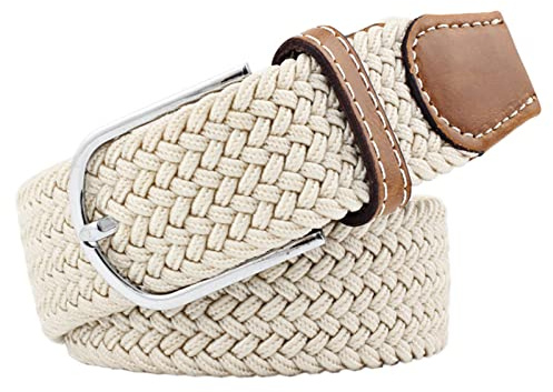 JK Home 3,3 cm brett flätat stretchbälte, 3 storlekar elastiska vävda midjebälten med PU-läderspänne, casual män kvinnor canvasbälte, BEIgE, 105 cm