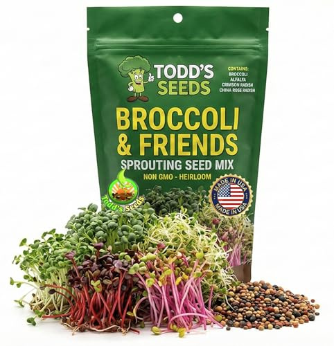 Todd's Seeds Broccoli and Friends Sprouting Seed Mix (1/4 Pound) | Broccoli, Crimson Clover, Red Radish, & Alfalfa | Fast Growing Microgreens in 5 Days | Non-GMO, Chemical Free, High Germination