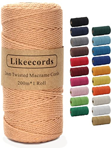 Likeecords Makramee-Schnur 2 mm x 220 Yards, farbiges Makramee-Seil, Baumwollseil, Makramee-Garn, Bunte Baumwoll-Bastelschnur zum Aufhängen, Pflanzenaufhänger, Basteln, Stricken (Kaffee)