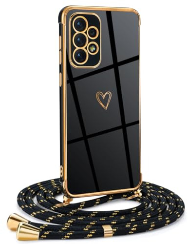 Mkej Coque pour Samsung Galaxy A33 5G avec Cordon de Collier, Coque avec Cordon Motif Coeur d'amour TPU Housse, Collier RéglableTéléphone Portable Lanyard Case Samsung A33 5G, Or Noir