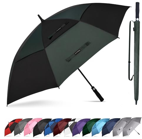 Trenovo Auto Open Golf Umbrellas 62/68/72 Inch Extra Large Oversize for Business & Home, Ventilated Double Canopy Windproof Waterproof Stick Umbrella for Rain & strong wind-Black/Green
