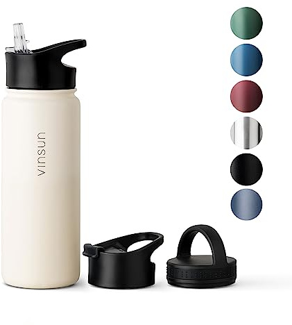Vinsun Termosflaska 500 ml gräddvit – läckagesäker, lämplig för kolsyra, BPA-fri – 3 lock – drickflaska i rostfritt stål, sport, utomhus, skola, universitet, cykel, kontor, camping