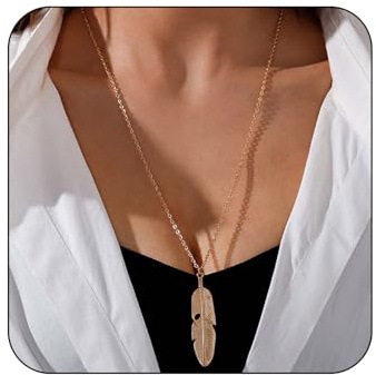 Dervivea Boho-Feder-Halskette Lange Feder-Anhänger-Halskette Goldblatt-Halskette Vintage Lange Deckförmige Kettenschmuck Für Frauen Und Mädchen