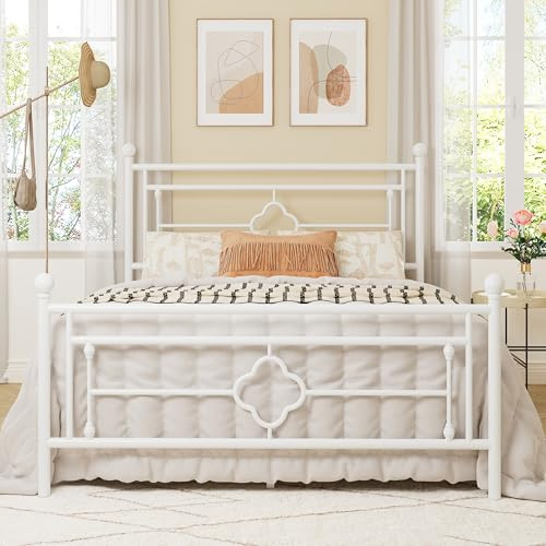 Allewie Full Size Metal Platform Bed Frame with Victorian Vintage Headboard and Footboard/Mattress Foundation/Under Bed Storage/No Box Spring Needed/Noise-Free/Easy Assembly, White