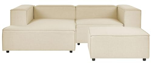 Beliani Modul-Ecksofa Leinen beige 2-Sitzer Sofa mit Ottomane Chaiselongue rechts Aprica