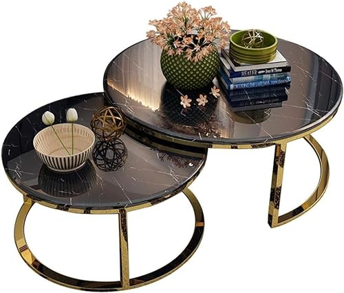 CATANK Tables Basses pour Salon Salon Rond Moderne Blanc Noir Petites Tables Basses pour Salon Table gigogne, Plateau en Acier en Verre, Tables Basses pour Petit Espace de Bureau de Salon