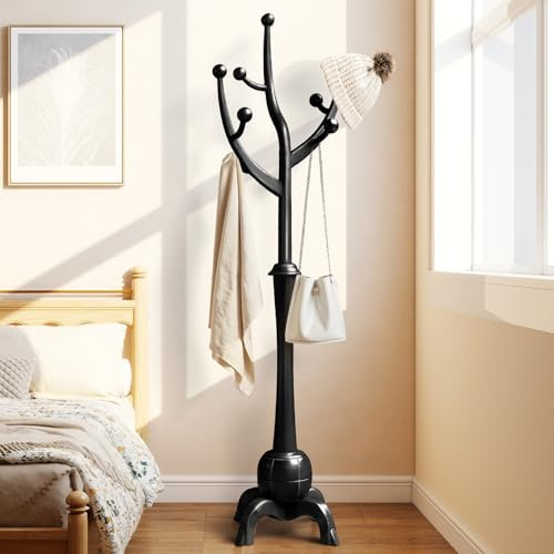 Bekrvio Garderobenständer, Massivholz Freistehender Kleiderständer mit 8 Haken, Baumform-Design, Kleiderbaum mit stabilem Kugelbasis, Tragkraft bis 75 kg, für Flur, Eingangsbereich, Schlafzimmer