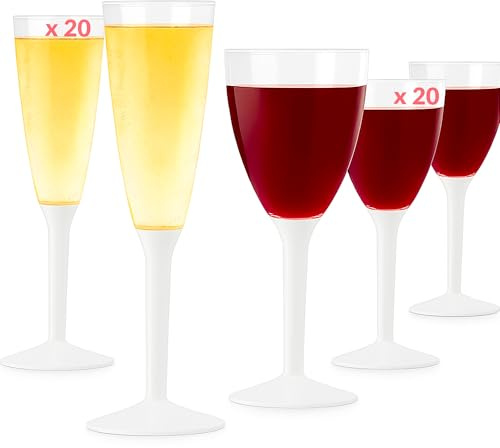 Flutes Champagne Plastique (20) + Verres Plastique Reutilisable (20) - Gobelet, Verre a Pied Coloré - Design Idéal pour Anniversaire, Mariage, Noël - 100% Recyclable et Réutilisable (Blanc)