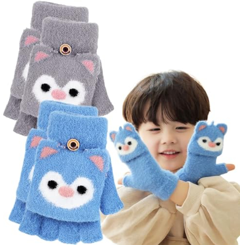 EOUIAV 2 Paires Gants sans Doigts Mitaines Convertibles Gants à Rabat Tricotés Gants Top-Top Doublure en Tricot Doux et Dessin de Dessin Mignon élastique pour Enfants Filles Filles 5 à 10 Ans