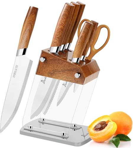 lapelux Acrylic Kitchen Knife Set - 6 Piece Knife Set,Clear Knife Base and Stainless Steel Blade, Carries Scissors ，Paring, Utility, Carving, Bread and Kitchen Knives（Wood Grain）