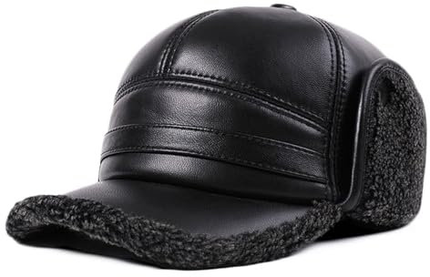Herren Warm Wintermütze mit Ohrenklappen Schildmütze Leder Baseball Cap Fliegermütze Schirmmütze Russische Mütze Trappermütze Baseballmütze