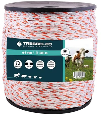 TRESSELEC Rep diameter 6 mm - elektriskt djurstaket (ko, get, får, häst) - 500 m spole - 5 trådar i rostfritt stål, diameter 0,20 mm och 1 koppartråd, diameter 0,30 mm