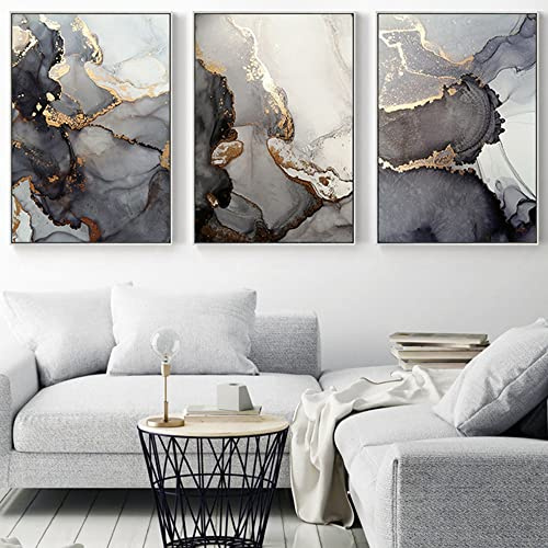 BDKCYO 3er Set Abstrakt Leinwand Bilder Schwarz Weiß Grau Geometrische Kunstdruck Poster Goldene Marmor Textur Wandkunst Poster Wohnzimmer Decor Bilder Grau Ohne Rahmen (C,60x90 cm)