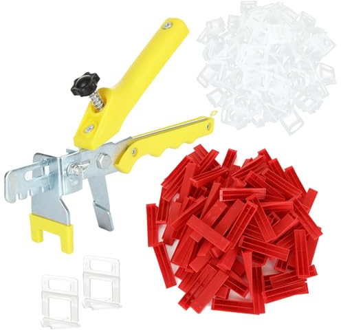 VIDETOL Sistema di livellamento per piastrelle, 3 mm, set di livellamento per piastrelle, 1 pinza + 100 cunei + 500 linguette, larghezza fughe per la posa di pietre, fai da te e professionale