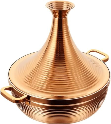 Vinbcorw Moroccan Tagine,304 Stainless Steel,Non Stick Moroccan Casserole with 2 Handles,Large Moroccan Cooker Handmade Tagine Pot with Cone-Shaped Lid,Gold,30cm