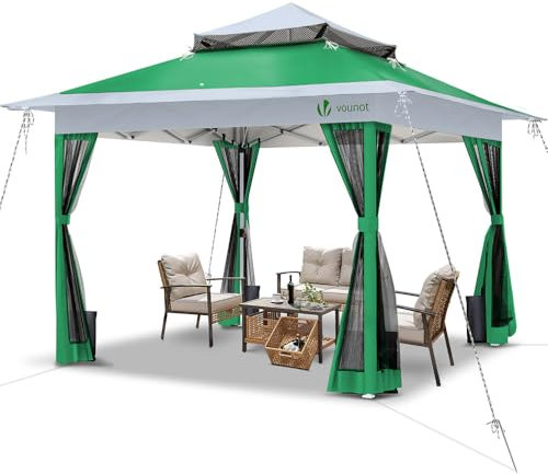 VOUNOT® Gazebo da Giardino Esterno 3.6x3.6m Pieghevole con Parti Laterali in Rete, Sistema di Clic Pop-up Anti-UV, Tenda Padiglione con Struttura in Acciaio Tetto Doppio, per Giardino, Terrazza, Verde