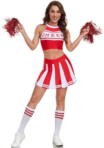Hotfiary Cheerleader Costume Women, Cheeleader Outfit Musical Uniform with Matching Pom Poms and Socks, 2Pcs Women Cheerleading Crop Tops and Mini Skirts Set for Halloween Dress Up Cosplay