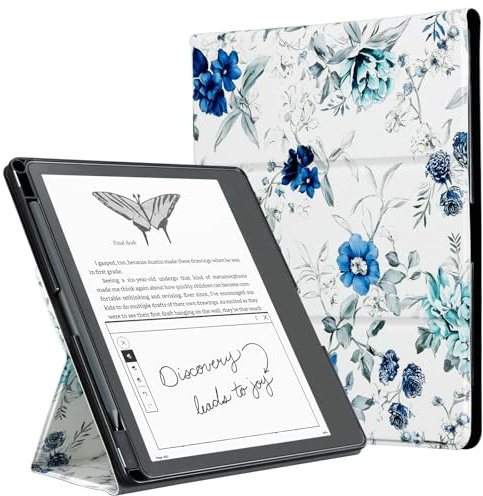 CoBak Stöd-fodral för Kindle Scribe – Premium läderfodral med pennfodral och automatisk sömnläge – Kompatibelt med 10,2-tums Kindle Scribe (version 2022/2024), Blå växt