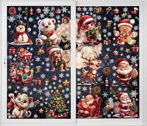 12 Blätte 171 Stück große Weihnachtsfensteraufkleber, Weihnachtsdekorationen, Weihnachtsmann, Rentier, Hund, Katze, Weihnachtsfensteraufkleber, Fensteraufkleber, Partyzubehör für Zuhause, Schule, Büro