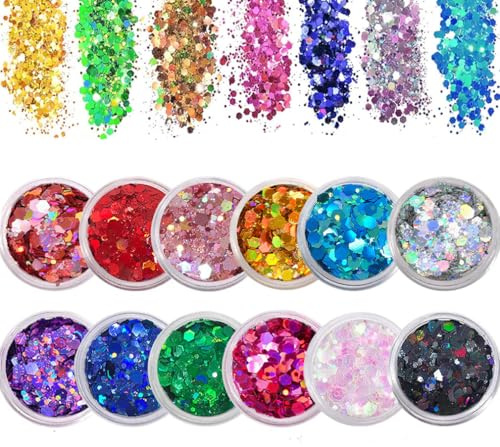 12 Colors Face Glitter, Holographic Festival Glitter Hair Glitter for Body Eye Hair Nail and Painting DIY Art